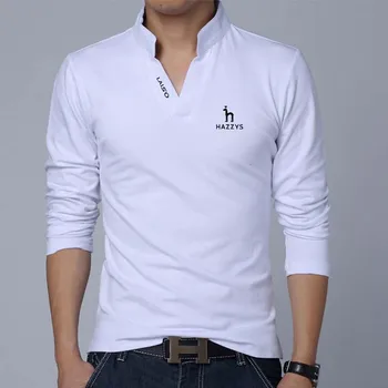 Мужские топы-поло для гольфа HAZZYS, однотонный приталенный пуловер с длинными рукавами и V-образным вырезом, повседневная хлопковая весенняя рубашка, мужские футболки