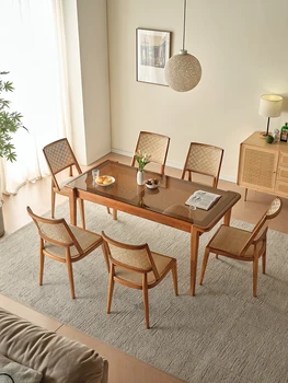 Скандинавская креативная комбинация обеденного стола и стула из массива дерева для домашней гостиной прямоугольный обеденный стол обеденный стол из плетеного стекла